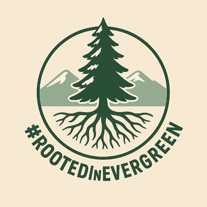 Logo with a tree and roots, mountains, and '#RootedInEvergreen' text on a beige background